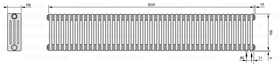 Схема (чертеж) Радиатор Zehnder Charleston 4055/44 №5510 Белый глянцевый RAL 9016